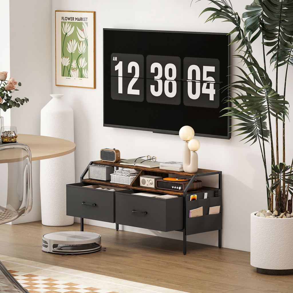 TV stand cabinet with two foldable drawers and open media shelf, dark gray frame and storage pockets