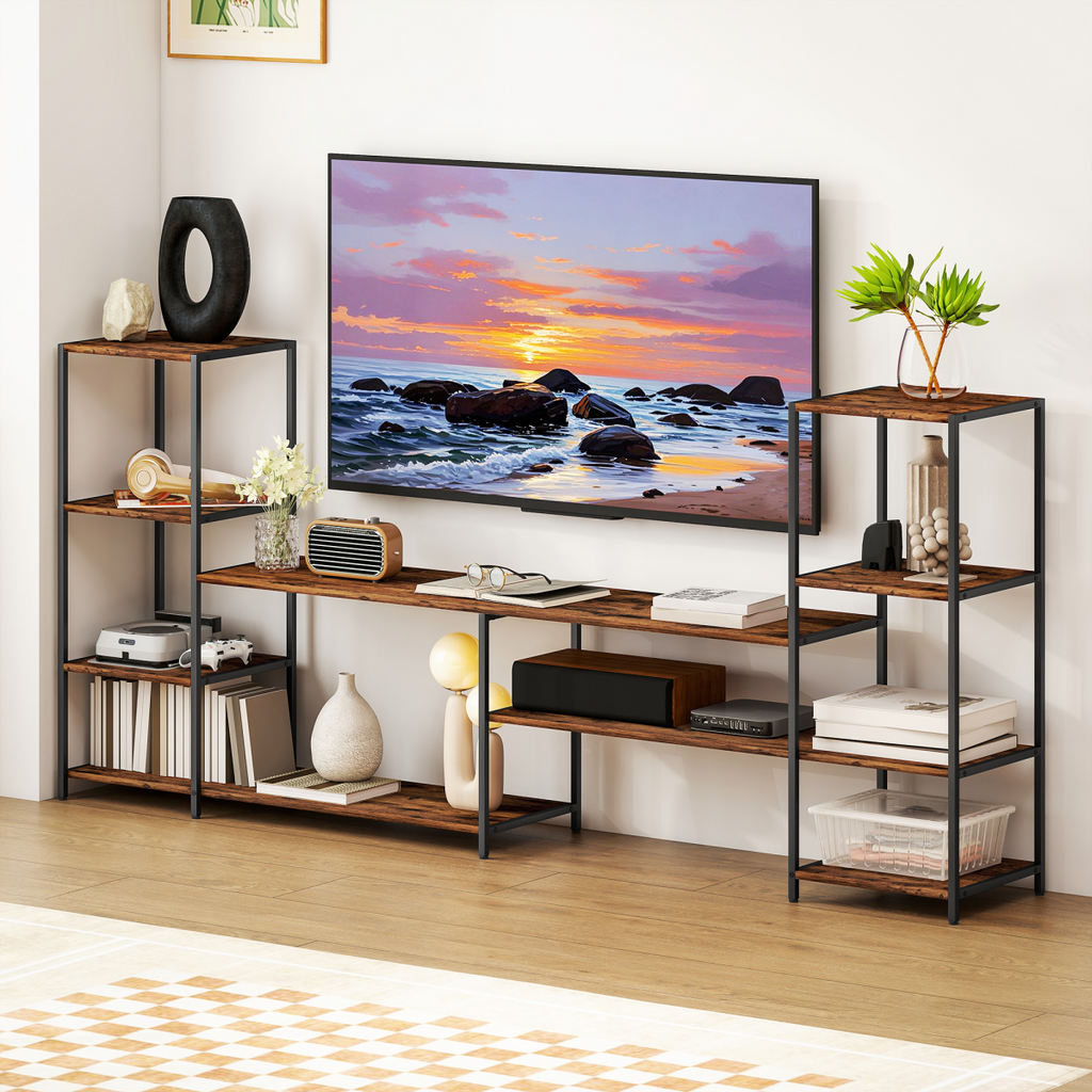 Industrial TV console with side shelving, dark steel frame and rustic brown shelves