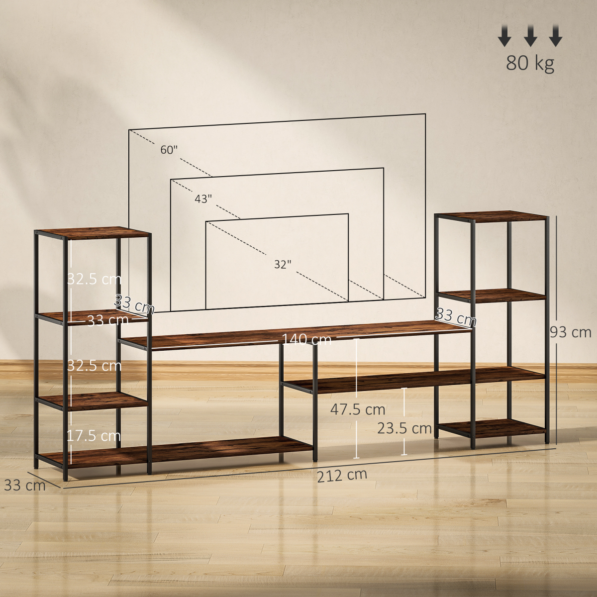Industrial TV stand with open shelves, size dimensions diagram