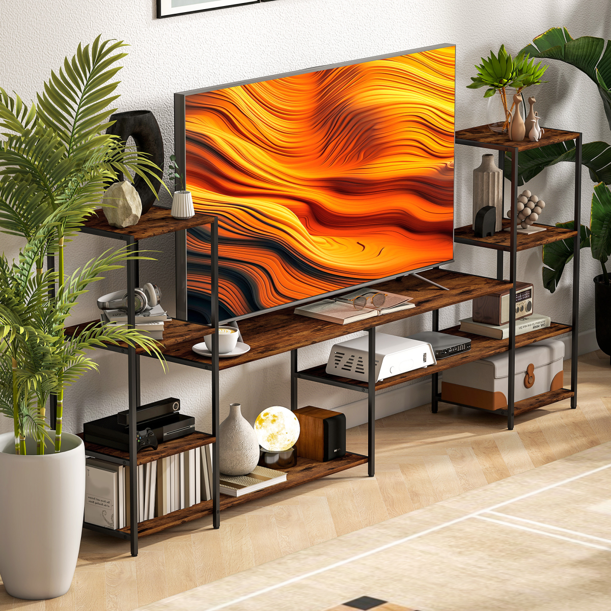 Industrial TV unit with open shelves and rustic brown wood top on dark steel frame