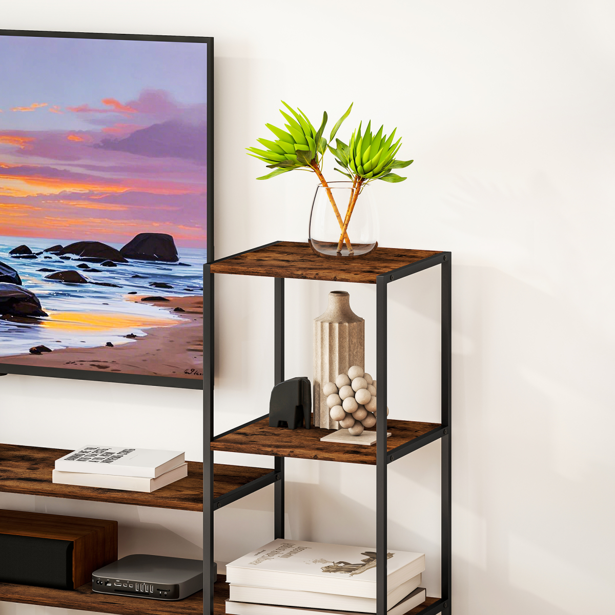 Open shelving TV stand unit with rustic brown shelves and dark steel frame