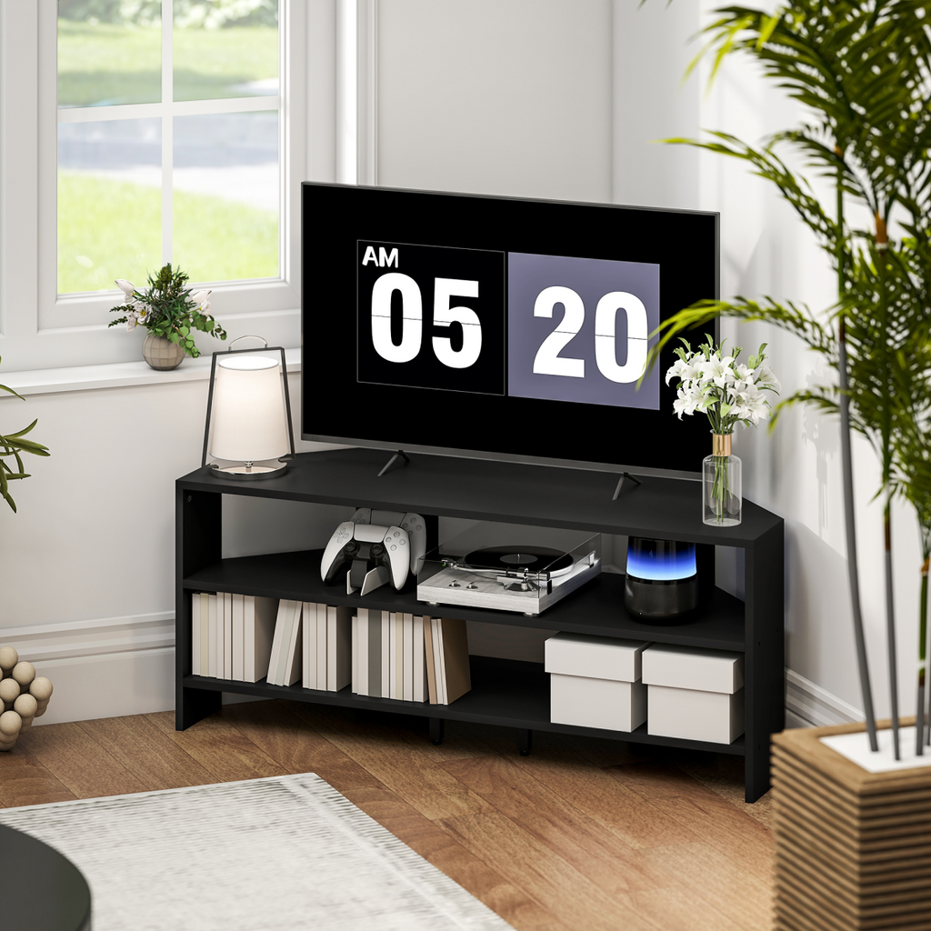 Black corner TV stand with open shelving, two drawers, and media consoles beneath