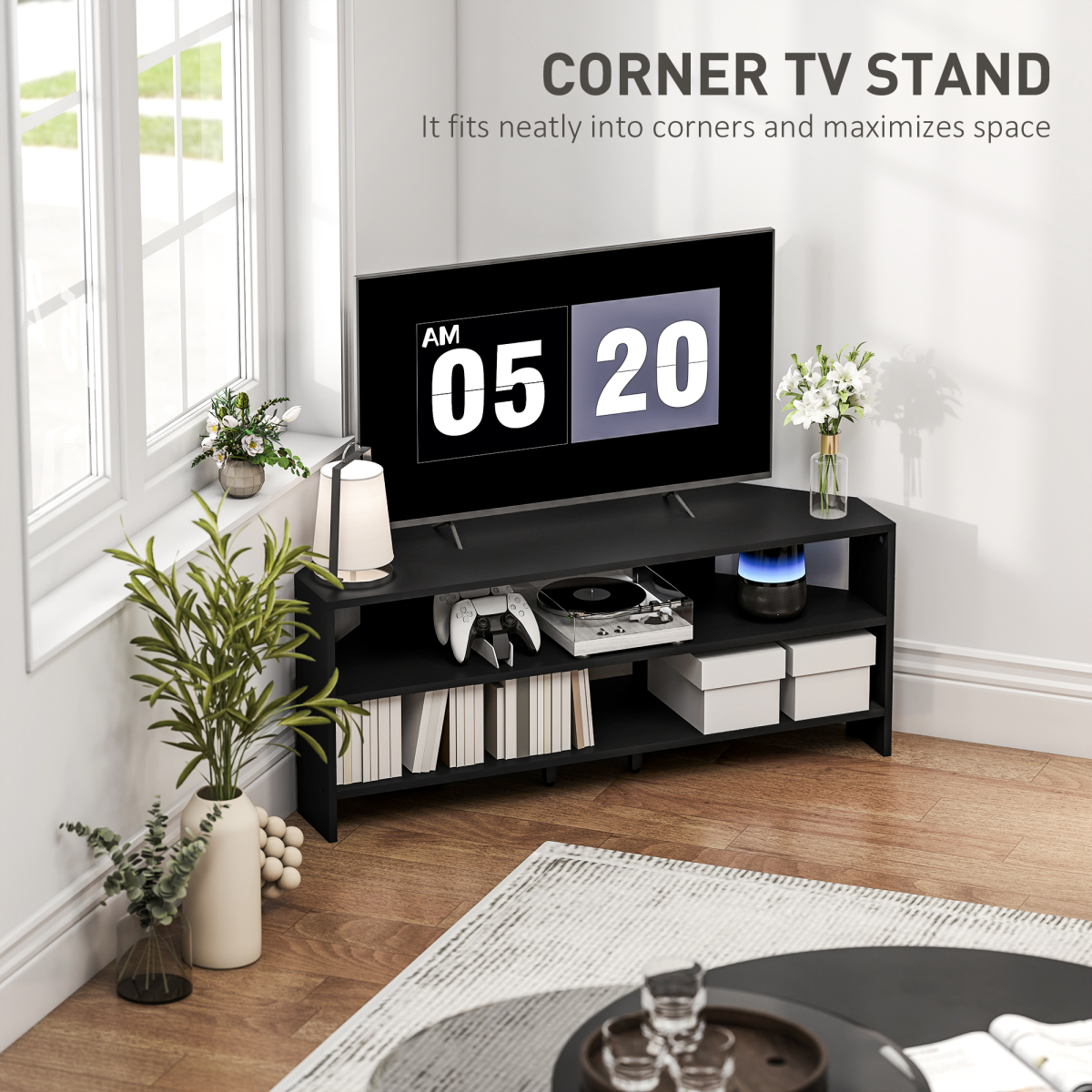 Black corner TV stand with open shelves, drawers, and center gaming console area
