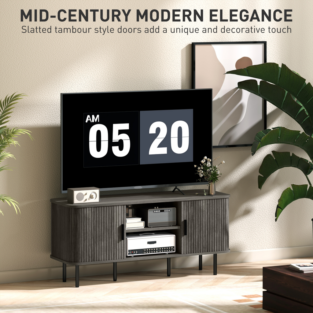 Grey TV unit with slatted tambour-style doors and open media storage