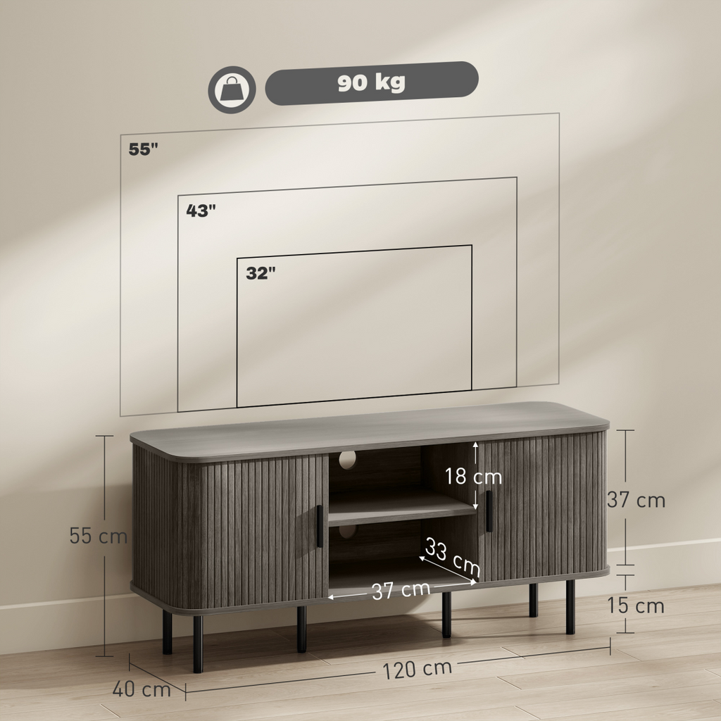 Grey TV console with slatted doors, open center shelf, and two side cabinets