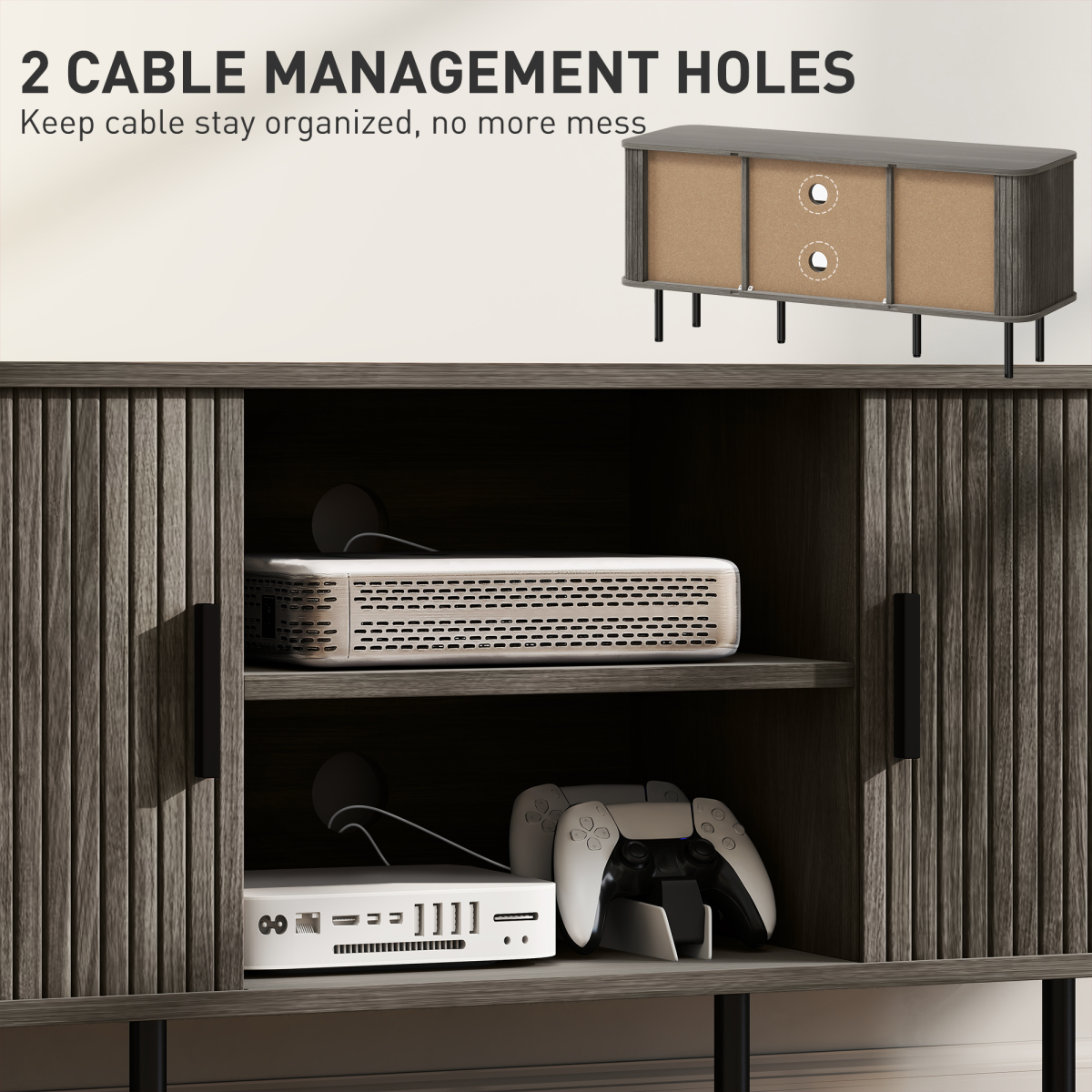 Grey TV stand interior with cable management holes and two open storage shelves