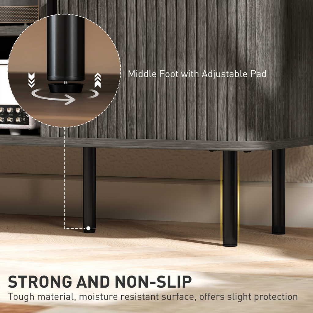 Grey TV stand base with adjustable foot for stable, non-slip support
