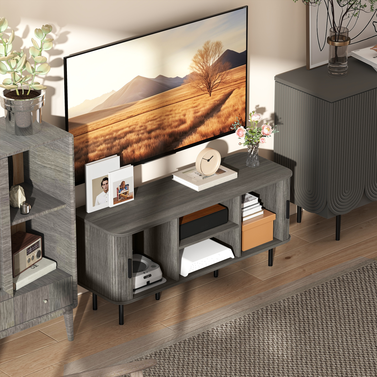 Grey TV media console with open center shelf and side storage compartments