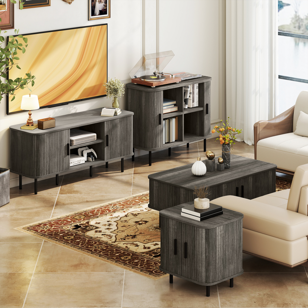 Grey TV stand set with slatted doors, open center shelf, and side storage