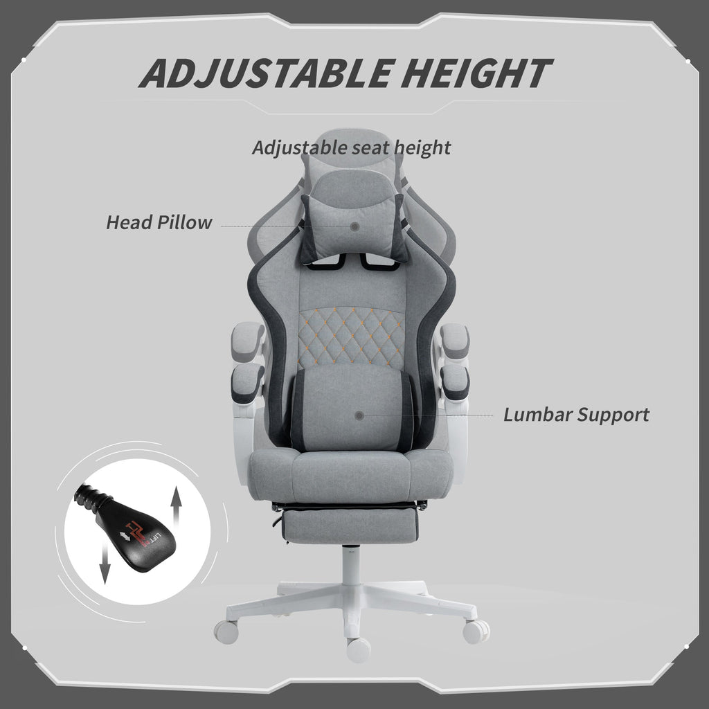 Grey ergonomic chair with adjustable height, head pillow, and built-in lumbar support