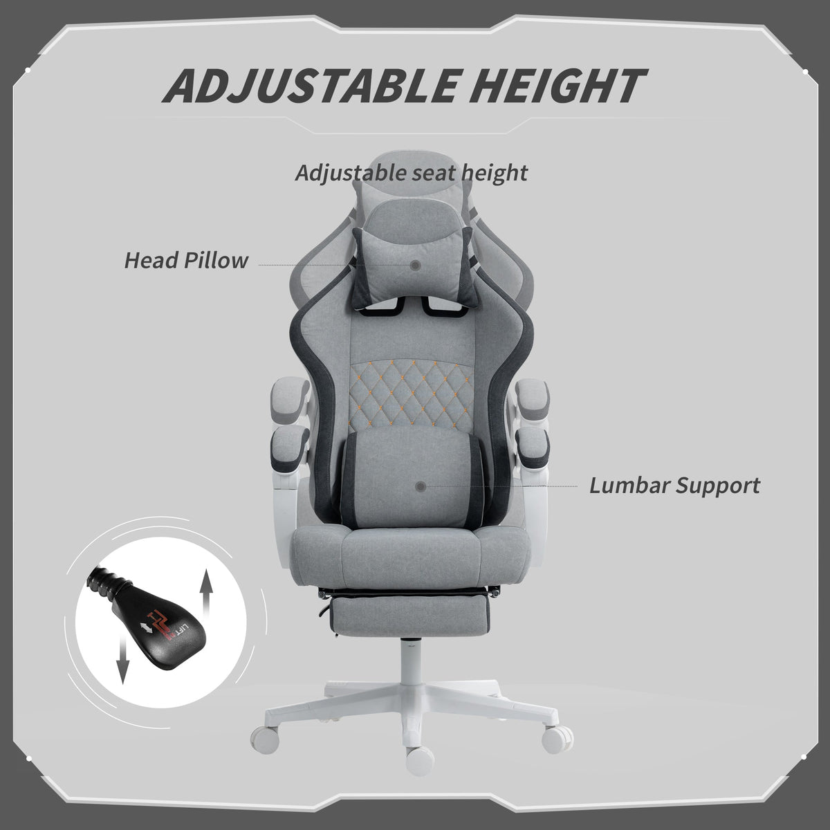 Grey ergonomic chair with adjustable height, head pillow, and built-in lumbar support