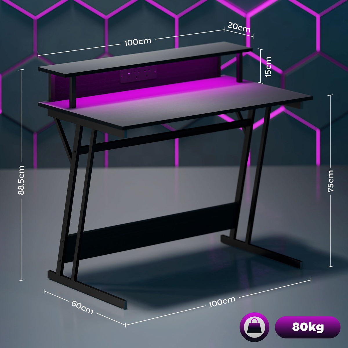 Black gaming desk with purple LED under-shelf and Z-shaped legs