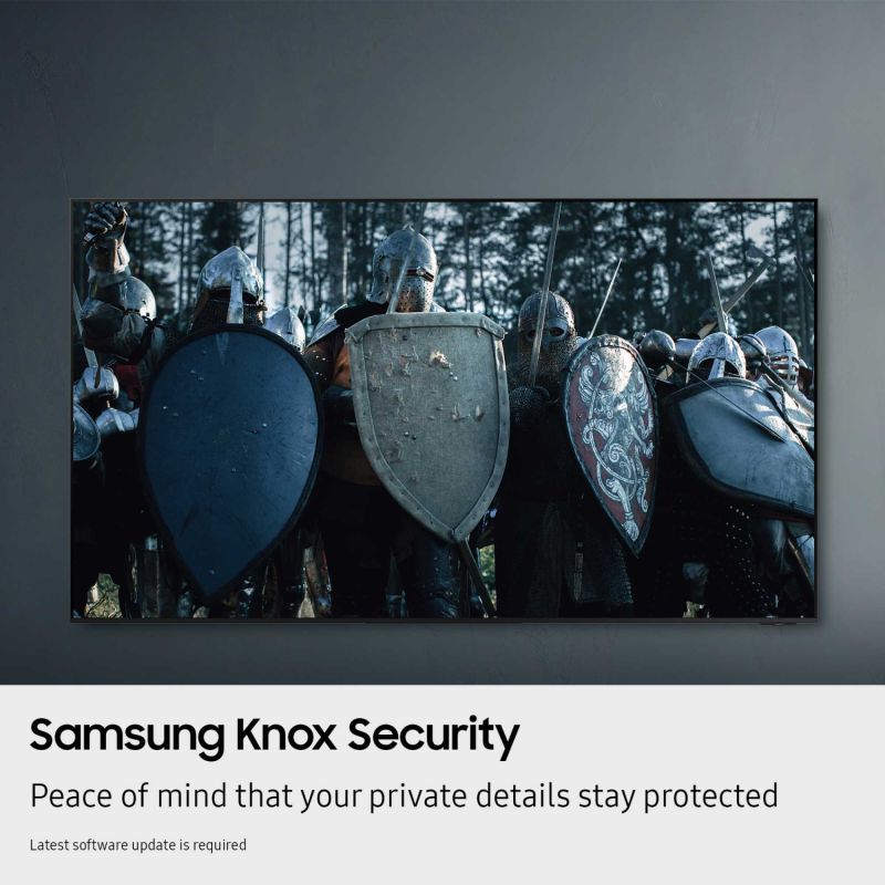 32-inch HD Smart TV with shield-themed security graphic on screen