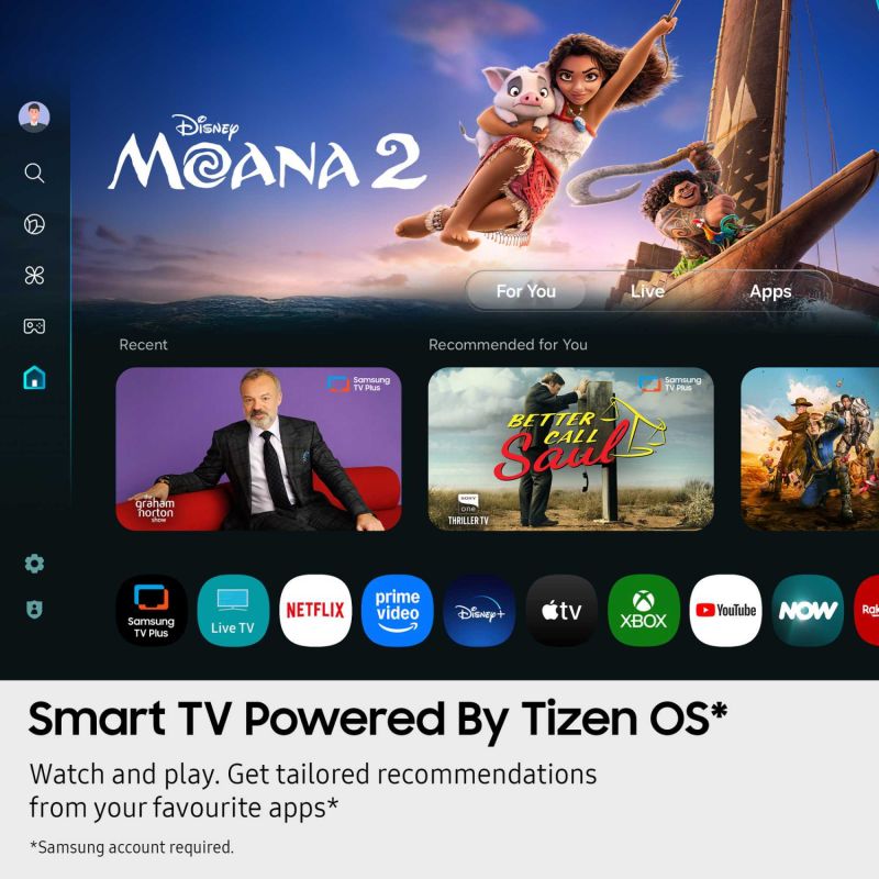 32-inch HD Smart TV home screen with app icons and Tizen OS text