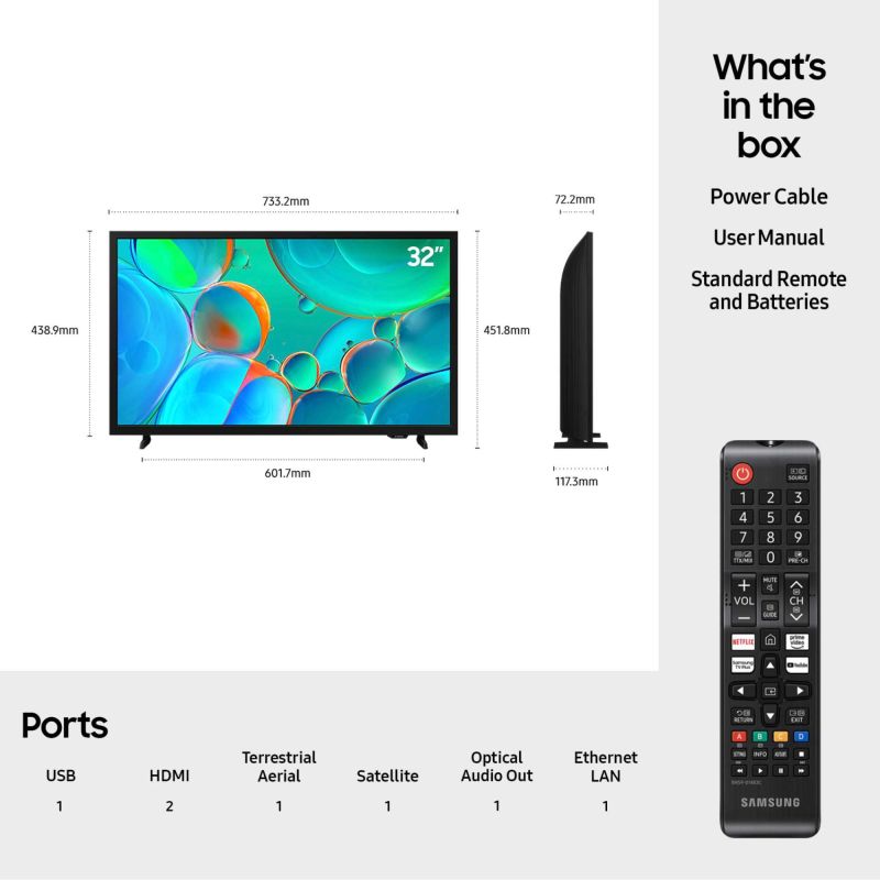 TV box contents diagram with dimensions, power cable, user manual, and remote