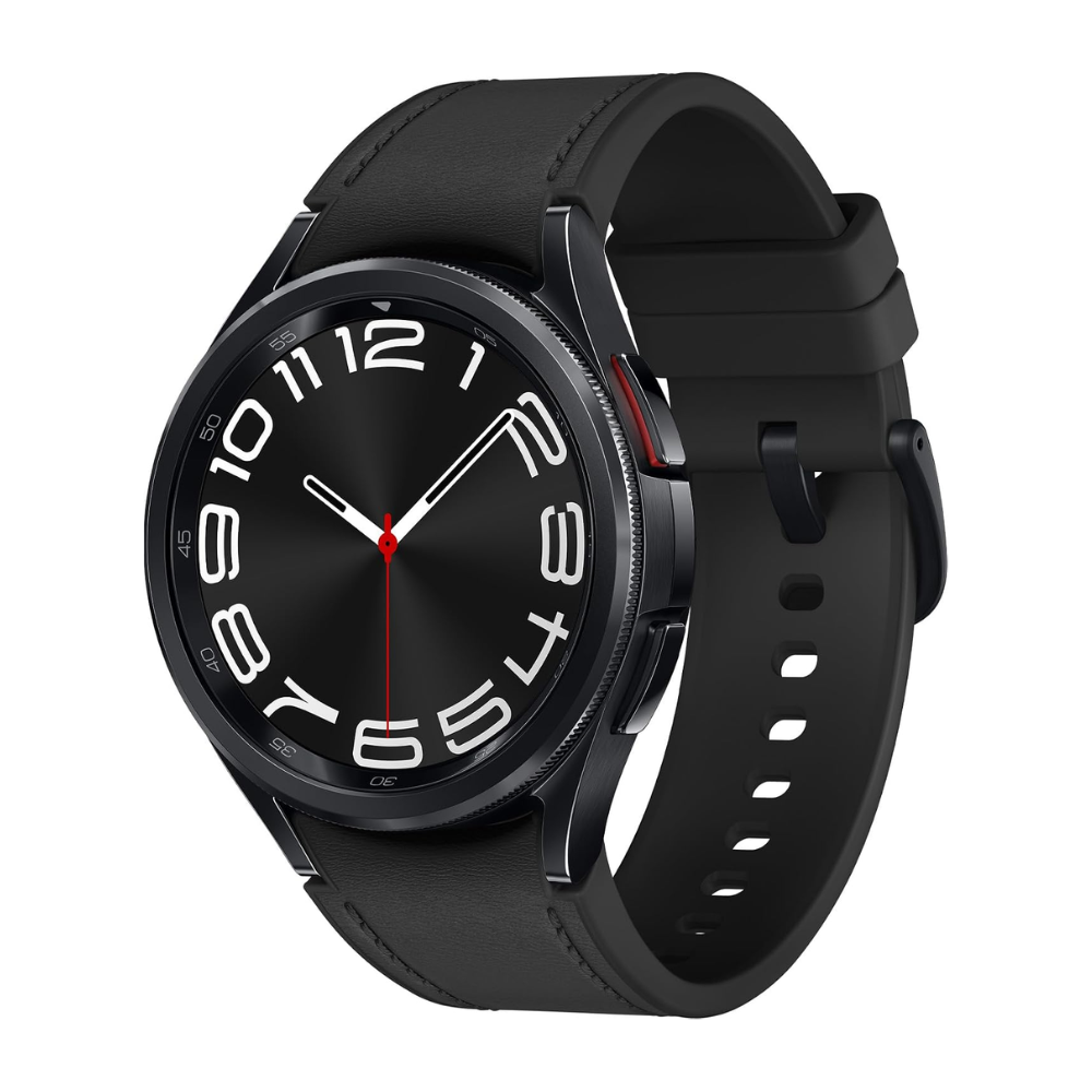 Black Galaxy Watch6 Classic 43mm smartwatch with black leather strap and red-accent dial
