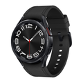 Black Galaxy Watch6 Classic 43mm smartwatch with black leather strap and red-accent dial