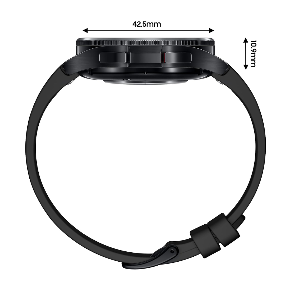 Black Galaxy Watch6 Classic 43mm side view; band shown with 42.5mm width