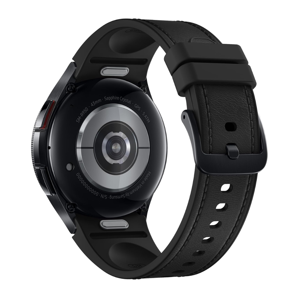 Black Galaxy Watch6 Classic 43mm smartwatch back view with black leather strap and sensors