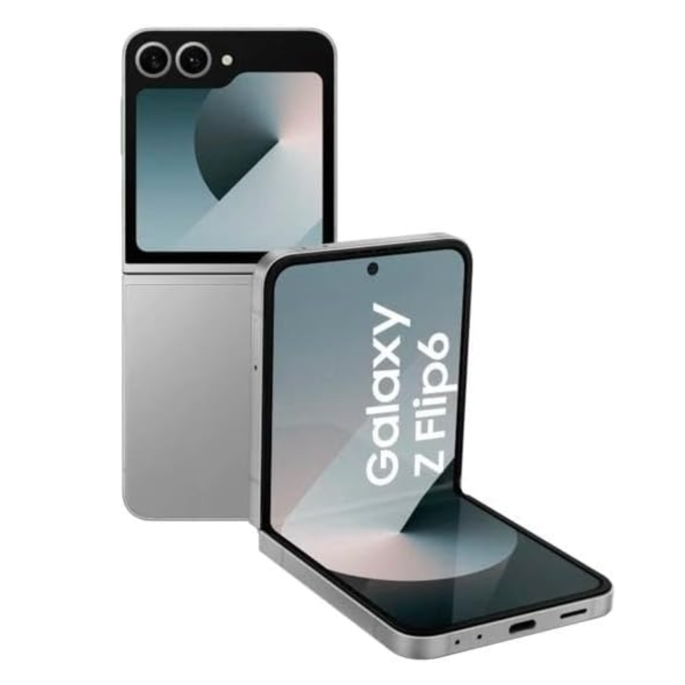 Foldable smartphone with dual displays, silver body