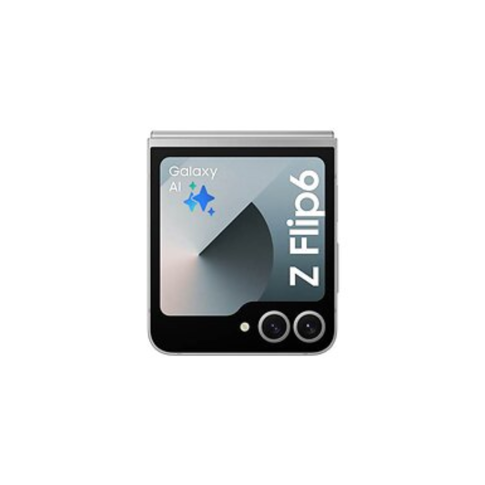 Closed Samsung Galaxy Z Flip6 with Galaxy AI outer screen, silver