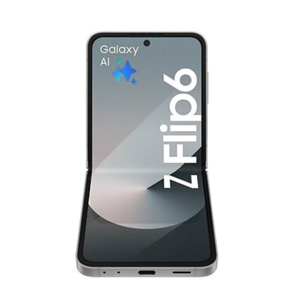 Foldable smartphone open with Galaxy AI display, silver