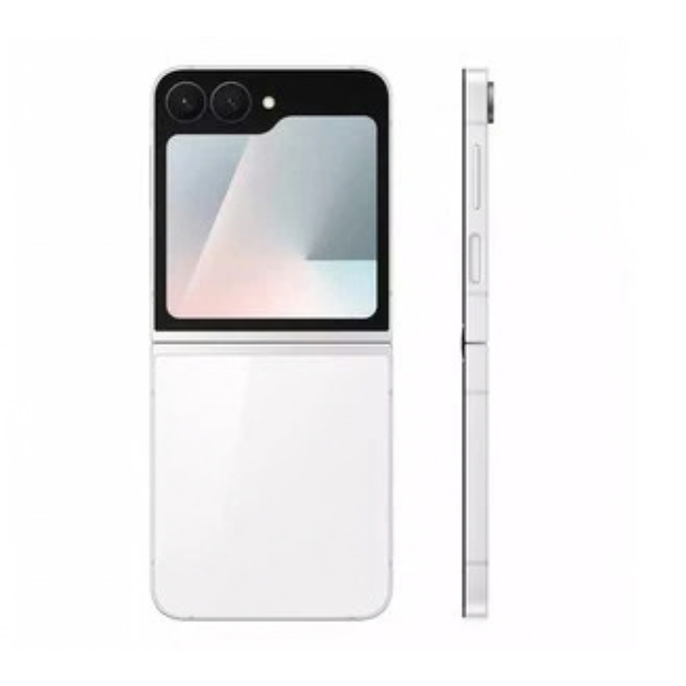 White Samsung Galaxy Z Flip7 FE smartphone, front display and side buttons visible
