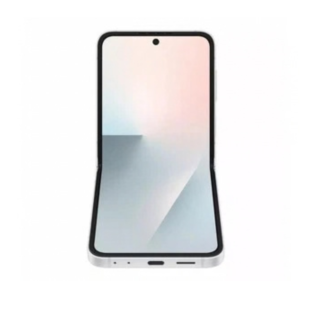 White Samsung Galaxy Z Flip7 FE smartphone, unfolded with large front display