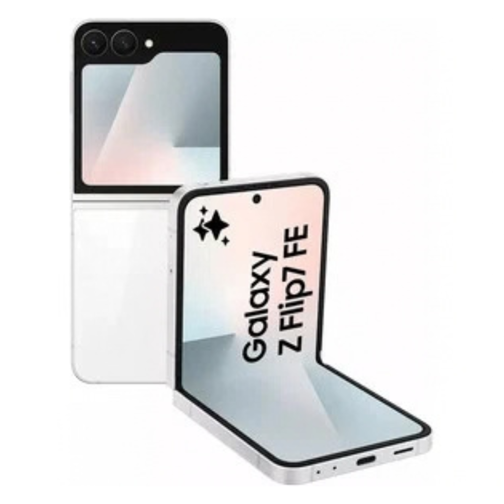 Samsung Galaxy Z Flip7 FE smartphone in white, foldable view with cover screen on
