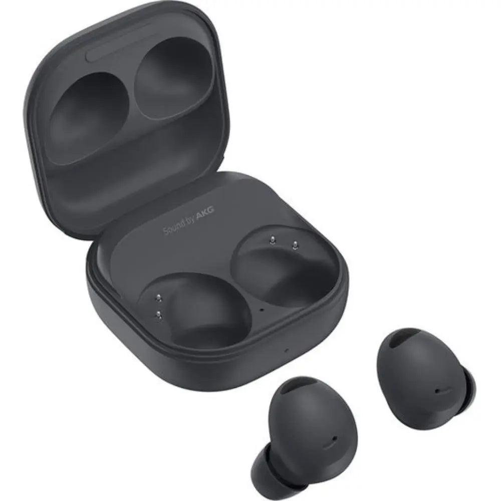 Graphite wireless earbuds with open charging case and two in-ear buds