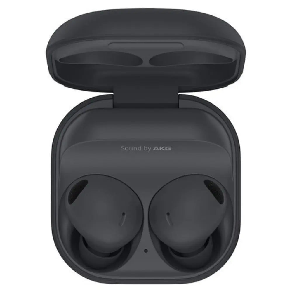 Graphite wireless earbuds charging case open, showing two in-ear buds