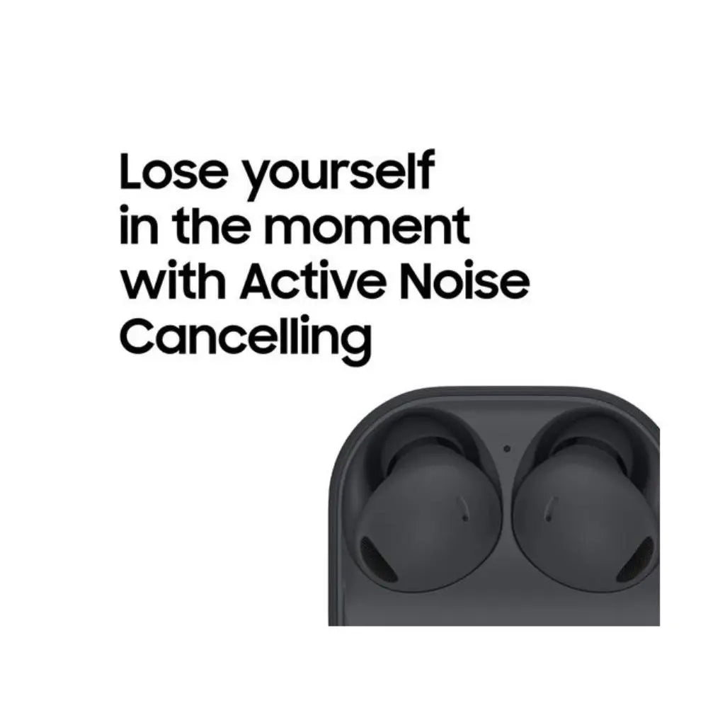 Graphite wireless earbuds in open charging case, two in-ear buds