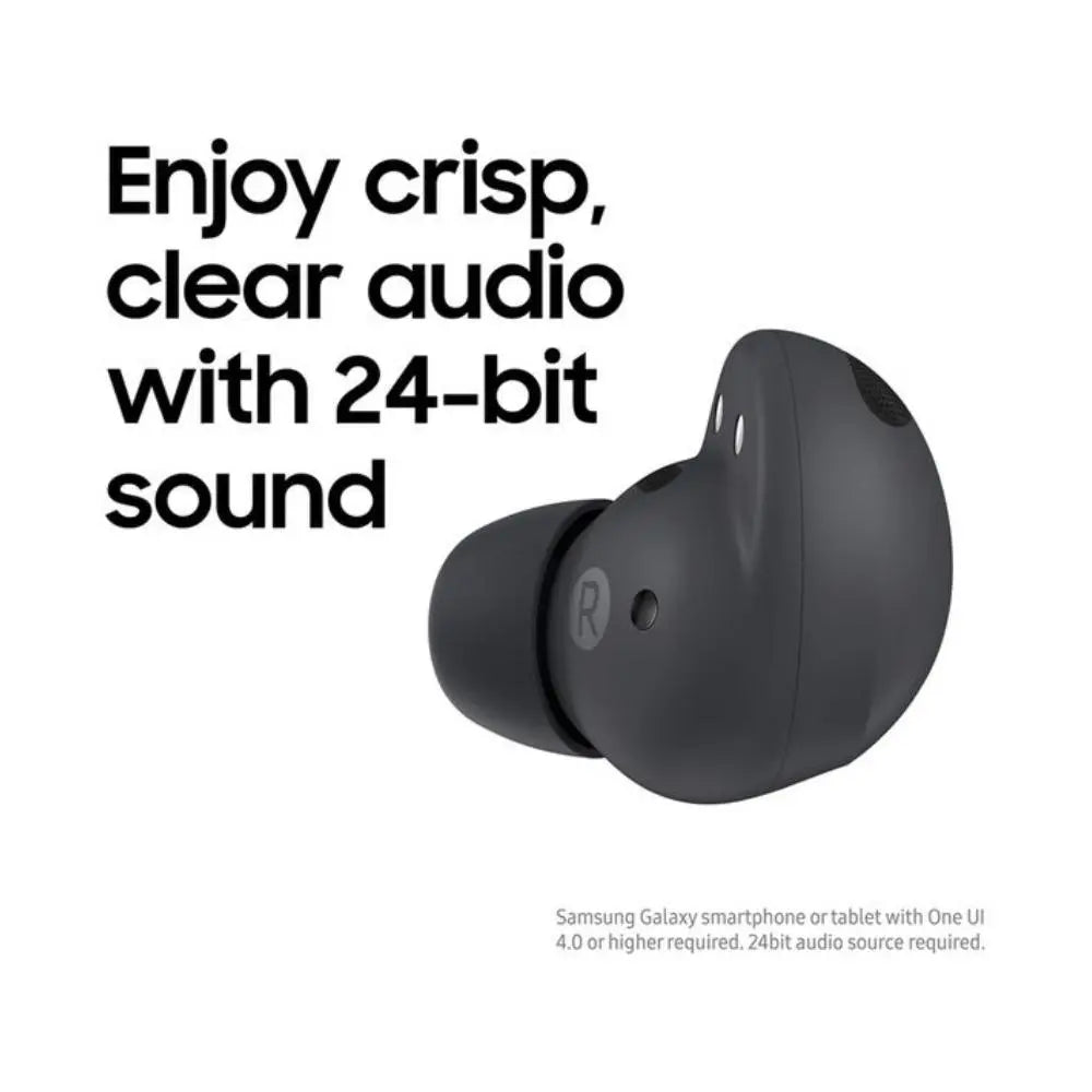 Graphite in-ear wireless earbud with silicone ear tip, side view