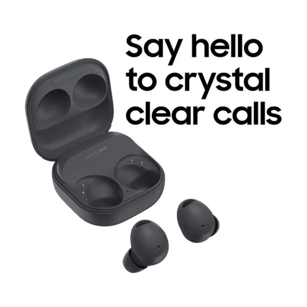 Graphite wireless earbuds with open charging case and two earbuds, front view