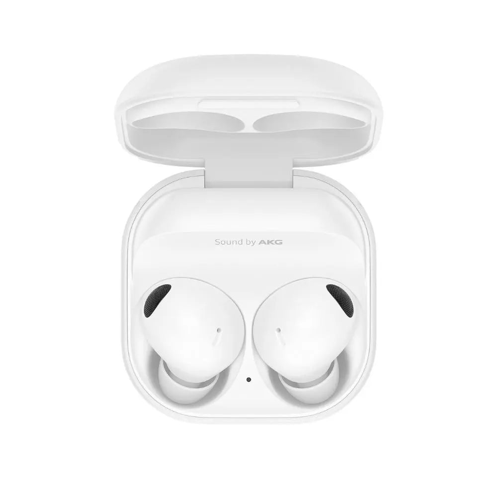 White wireless earbuds with charging case open, two in-ear buds visible