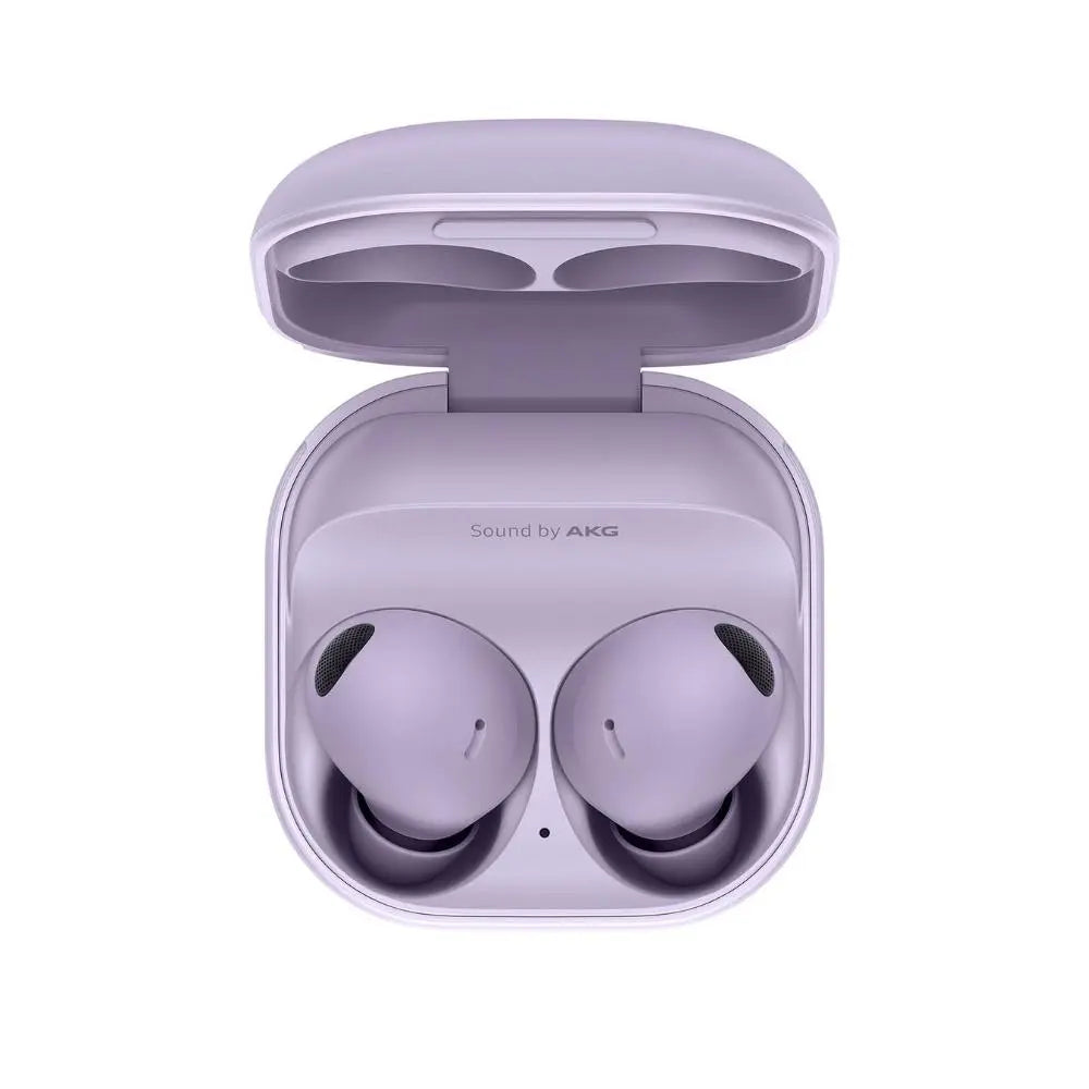 Purple wireless earbuds with charging case open, two in-ear buds visible