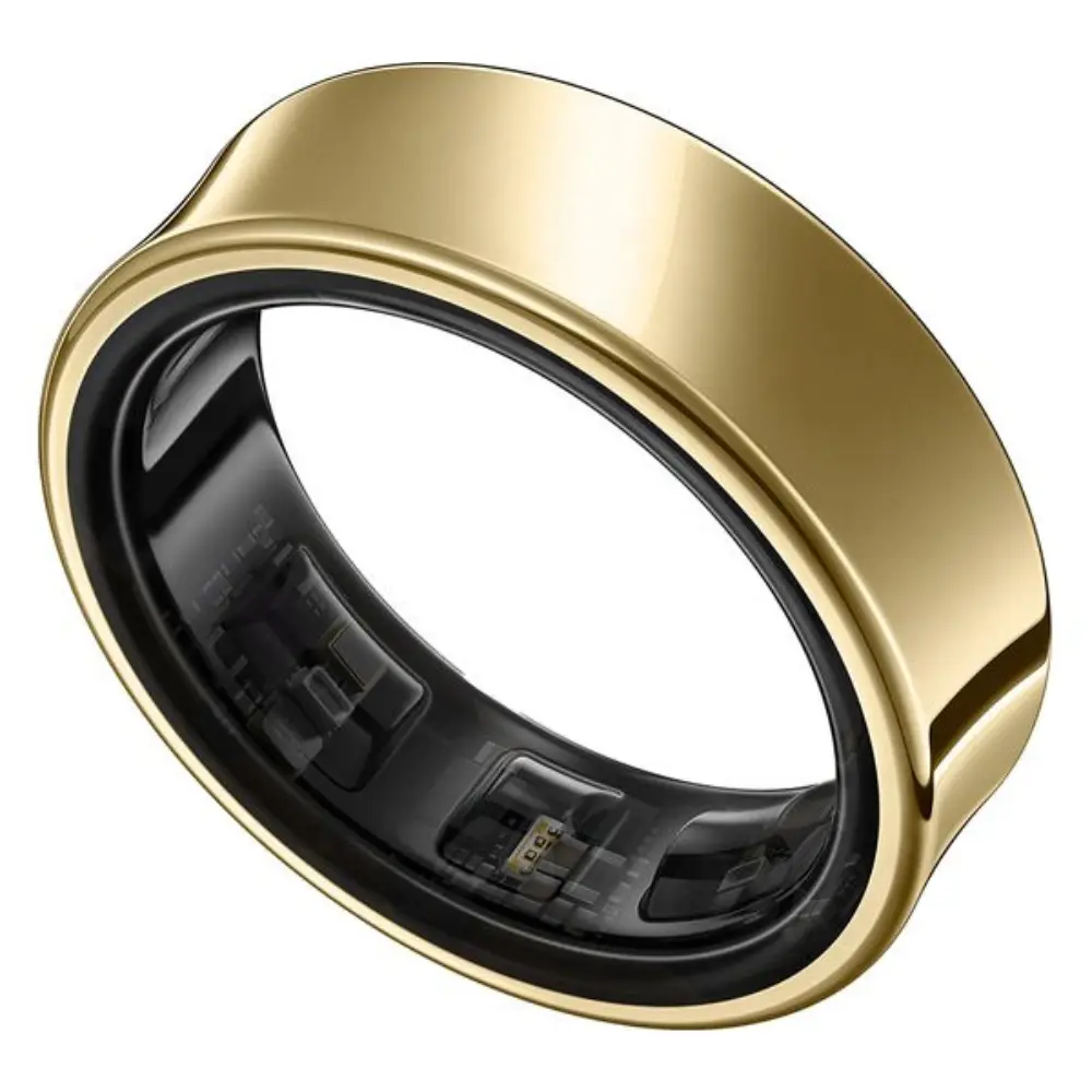 Titanium gold smart ring with black inner band, size 5, angled close-up