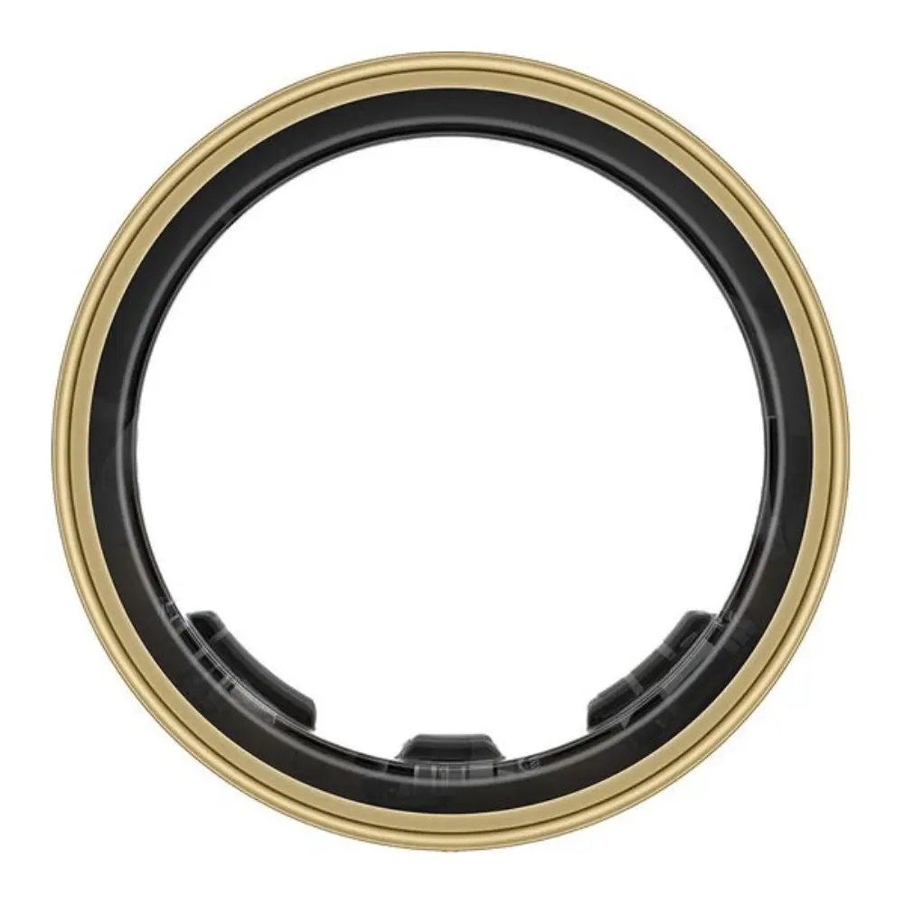 Titanium gold smart ring with black inner band, front view, size 5