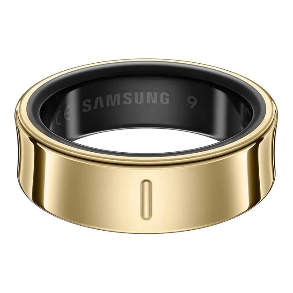 Titanium gold smart ring top view with center sensor slot, black inner band