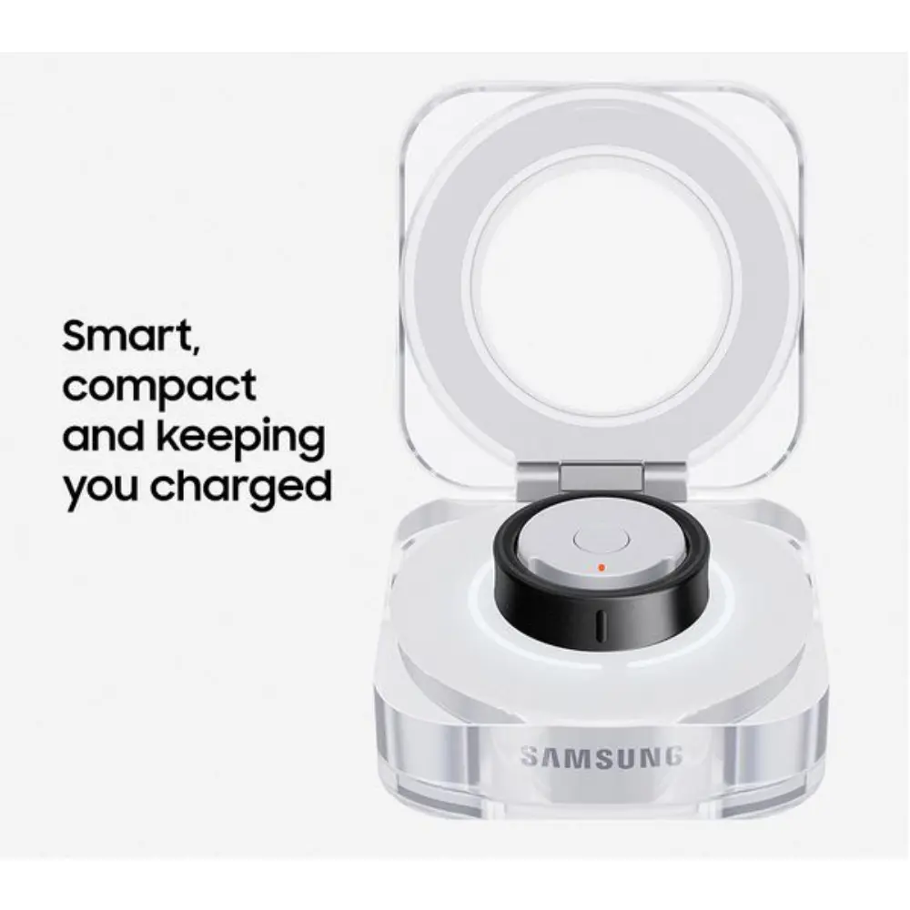 Clear charging case with SAMSUNG base and black charging puck, smart ring docked