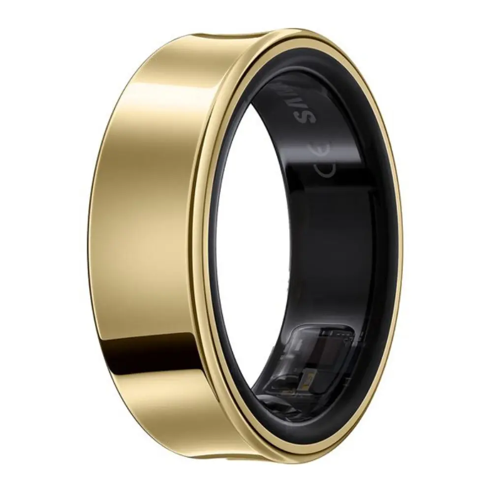 Samsung Galaxy Ring titanium gold smart ring side view, black inner display area