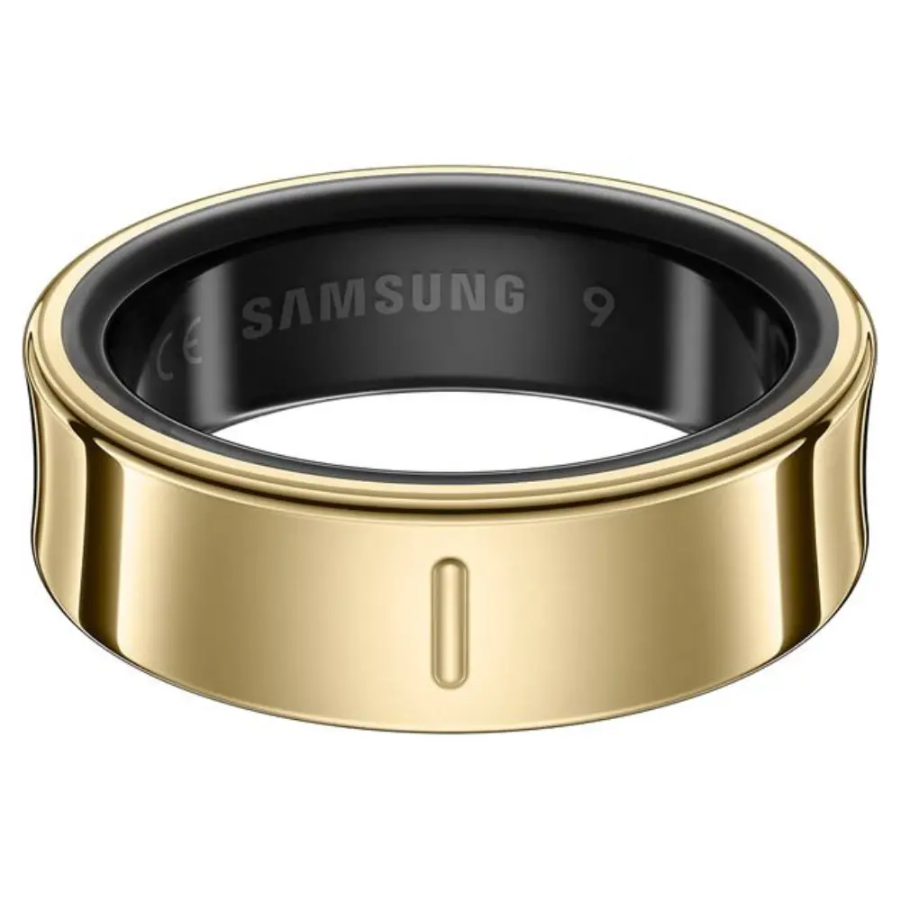 Samsung Galaxy Ring titanium gold smart ring top view, central button on black rim