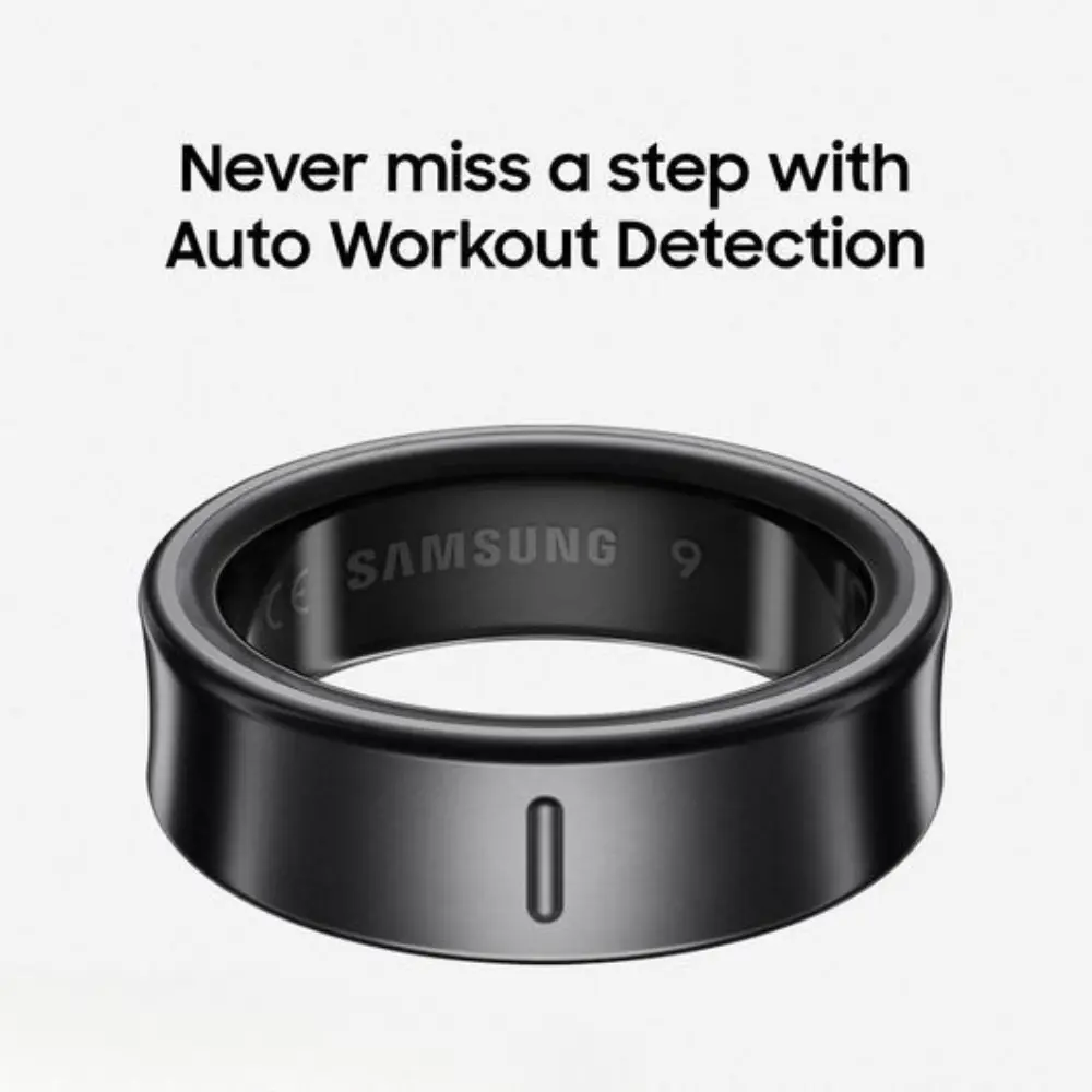 Samsung Galaxy Ring black smart ring, top view with central vertical button