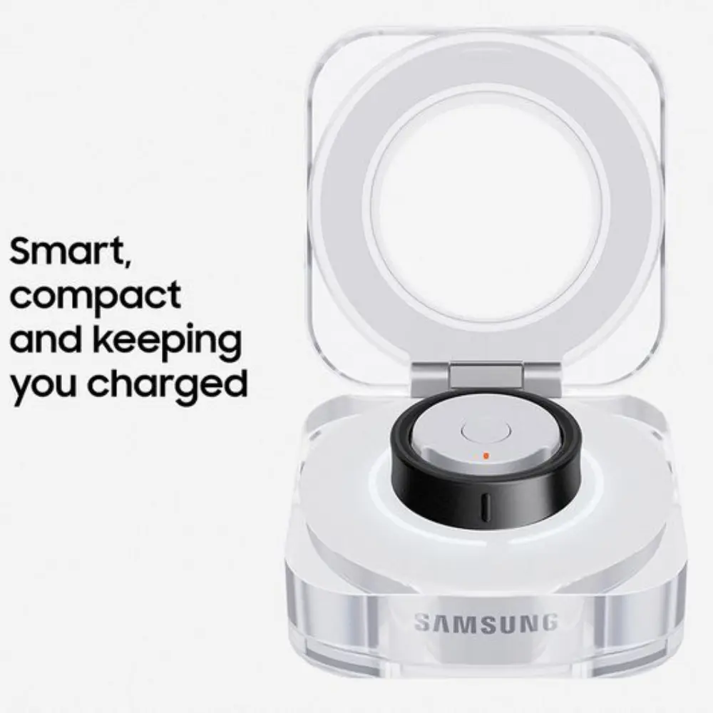 Samsung Galaxy Ring charging case with docked ring and open compact lid