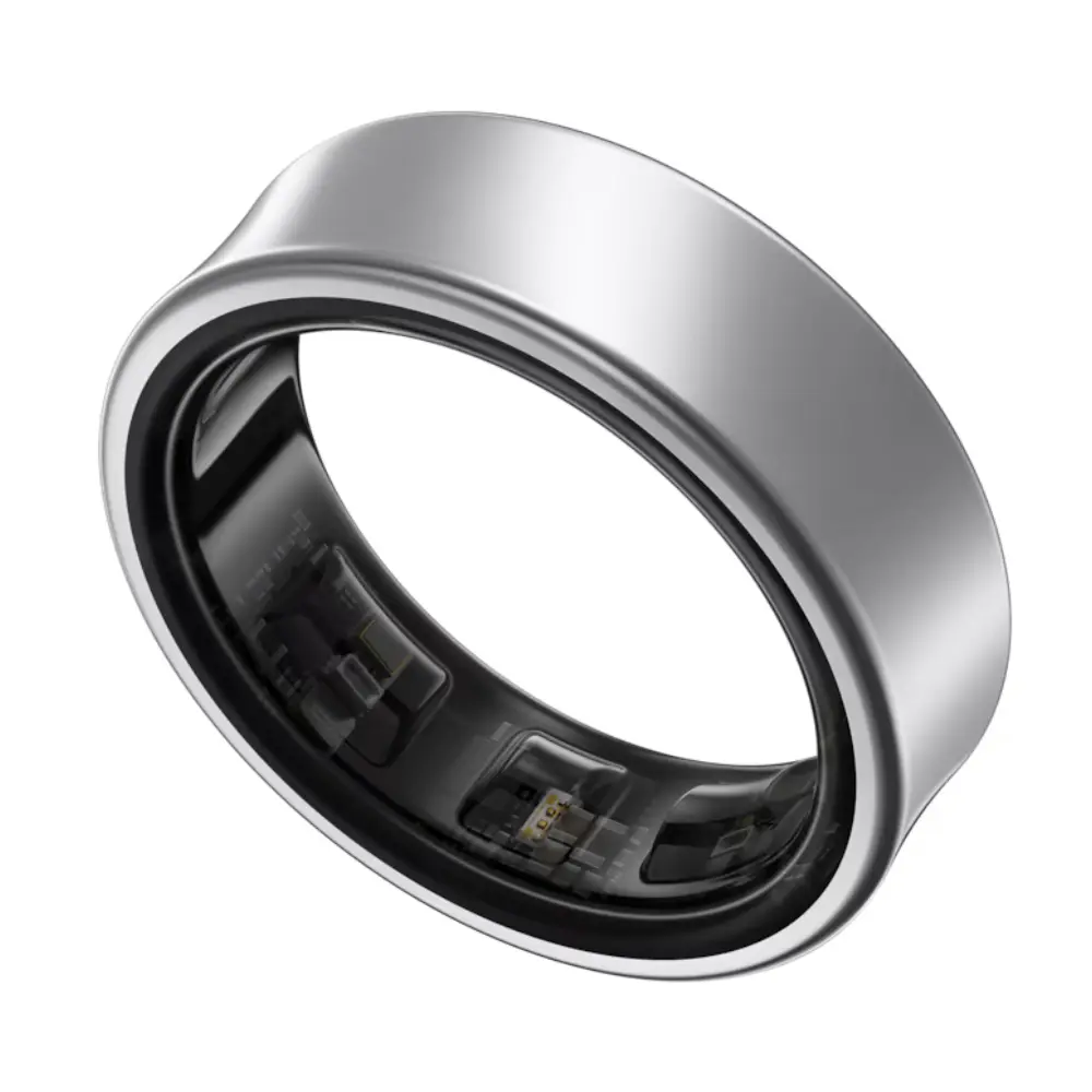 Titanium silver smart ring with black inner band and reflective underside detail