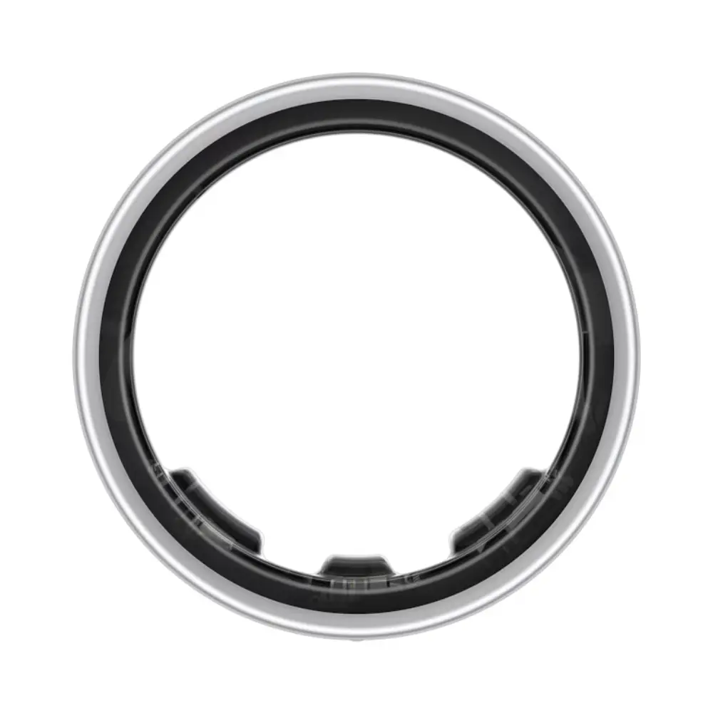 Titanium silver smart ring interior view with black inner band and circular sensors