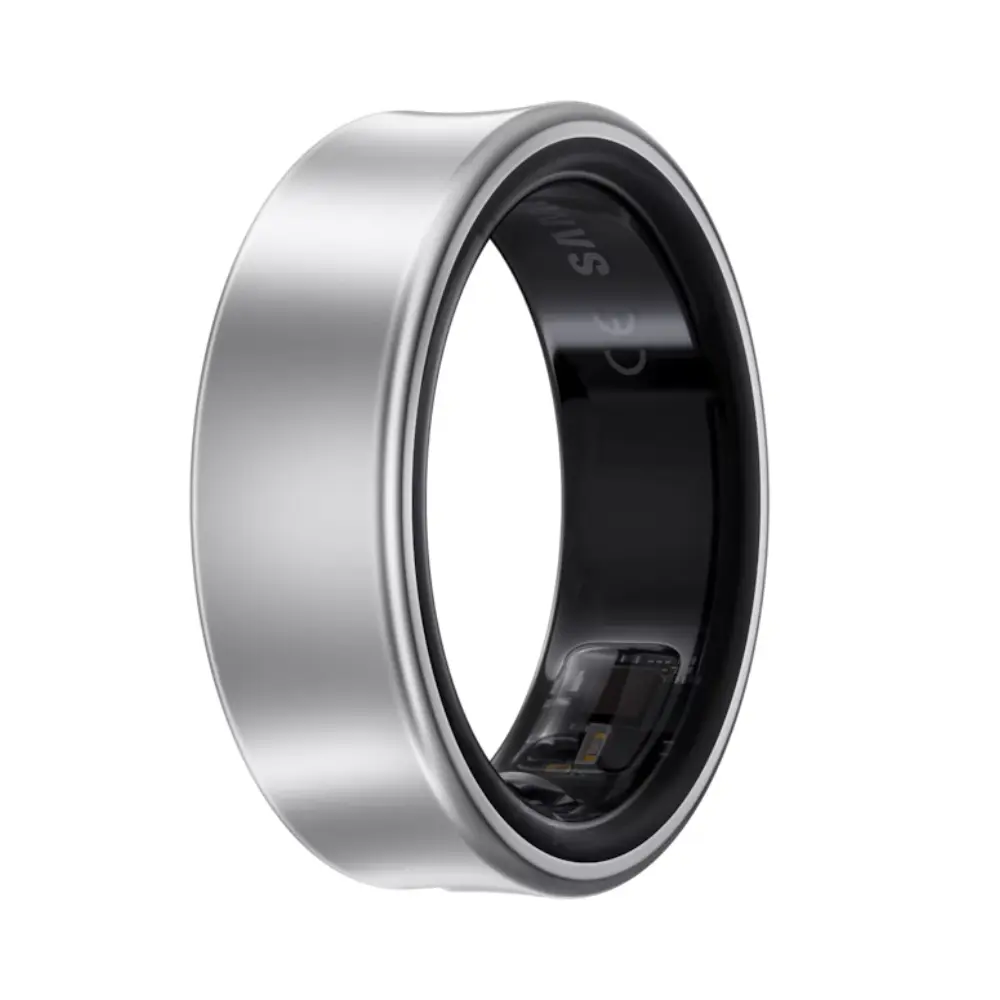 Titanium silver smart ring side profile showing black sensor ring and slim edge