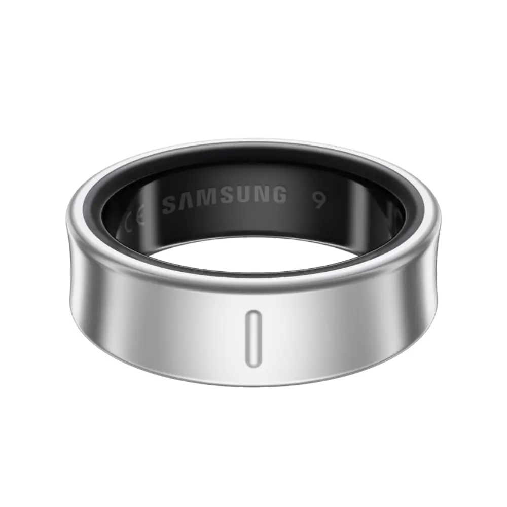 Titanium silver smart ring front view with black inner band and center indicator