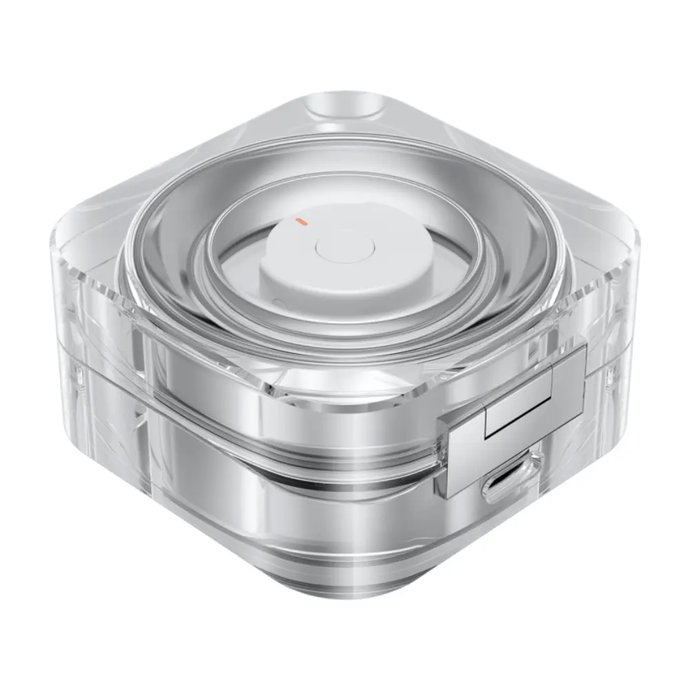 Titanium silver smart ring in clear protective case with white sensor module