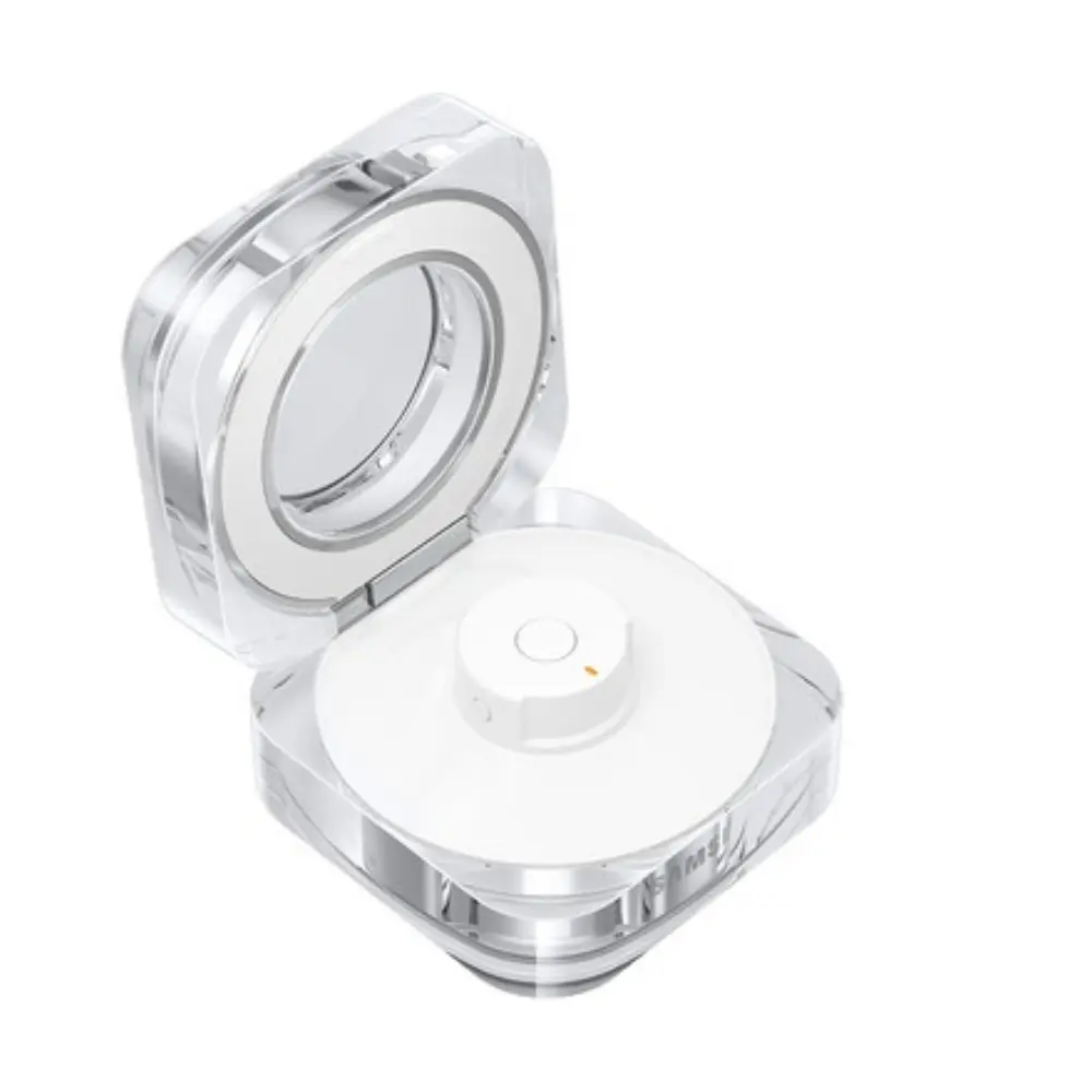 Titanium silver smart ring in open clear case with white sensor module and inner rim